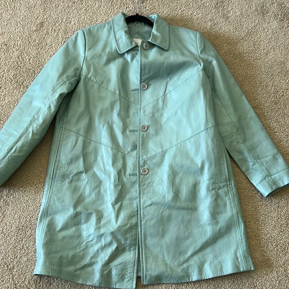 Vintage Mint Blue Leather Trench Coat Size M